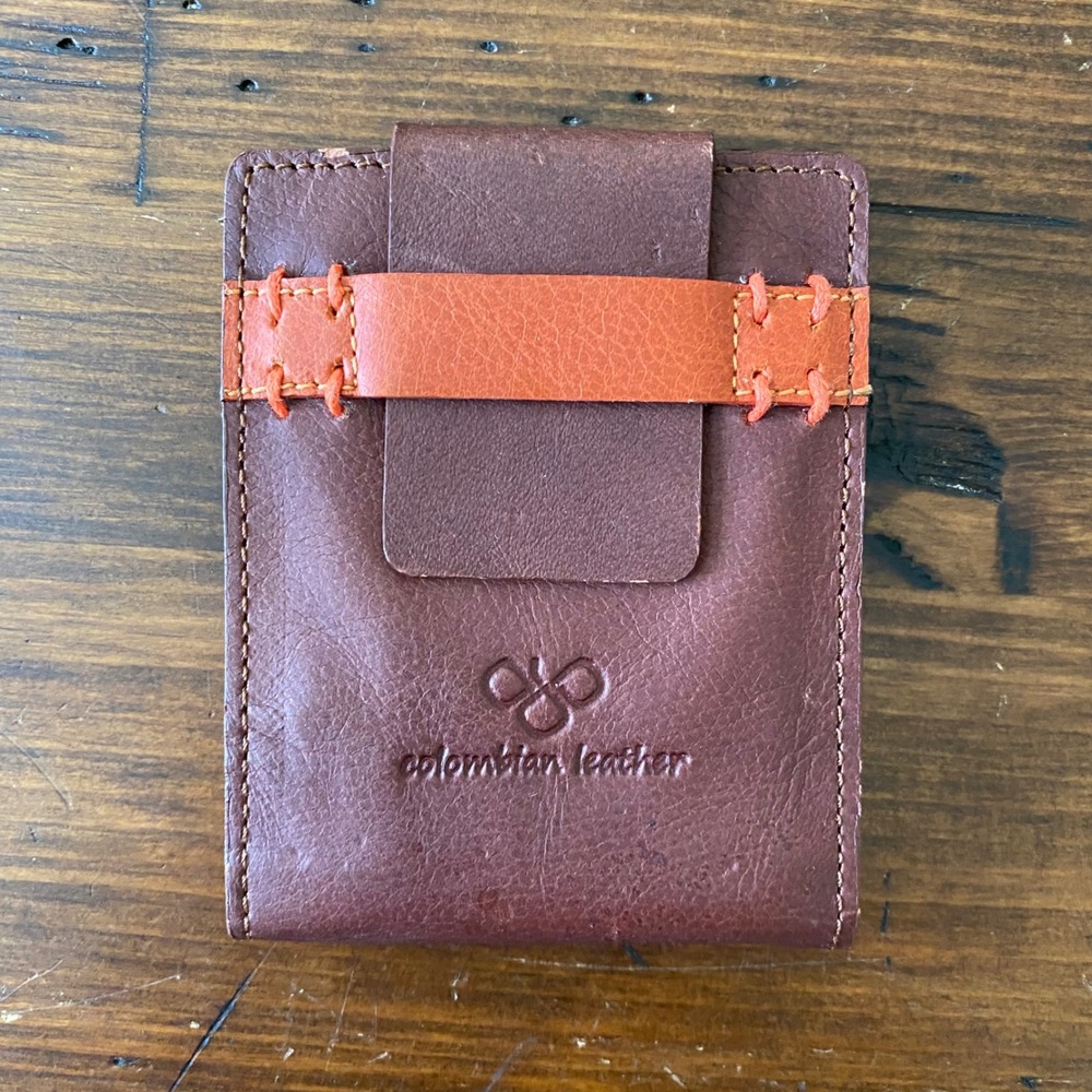 Colombian Leather Brown Bifold Wallet with Money Clip and Pull Tab Orange Accent